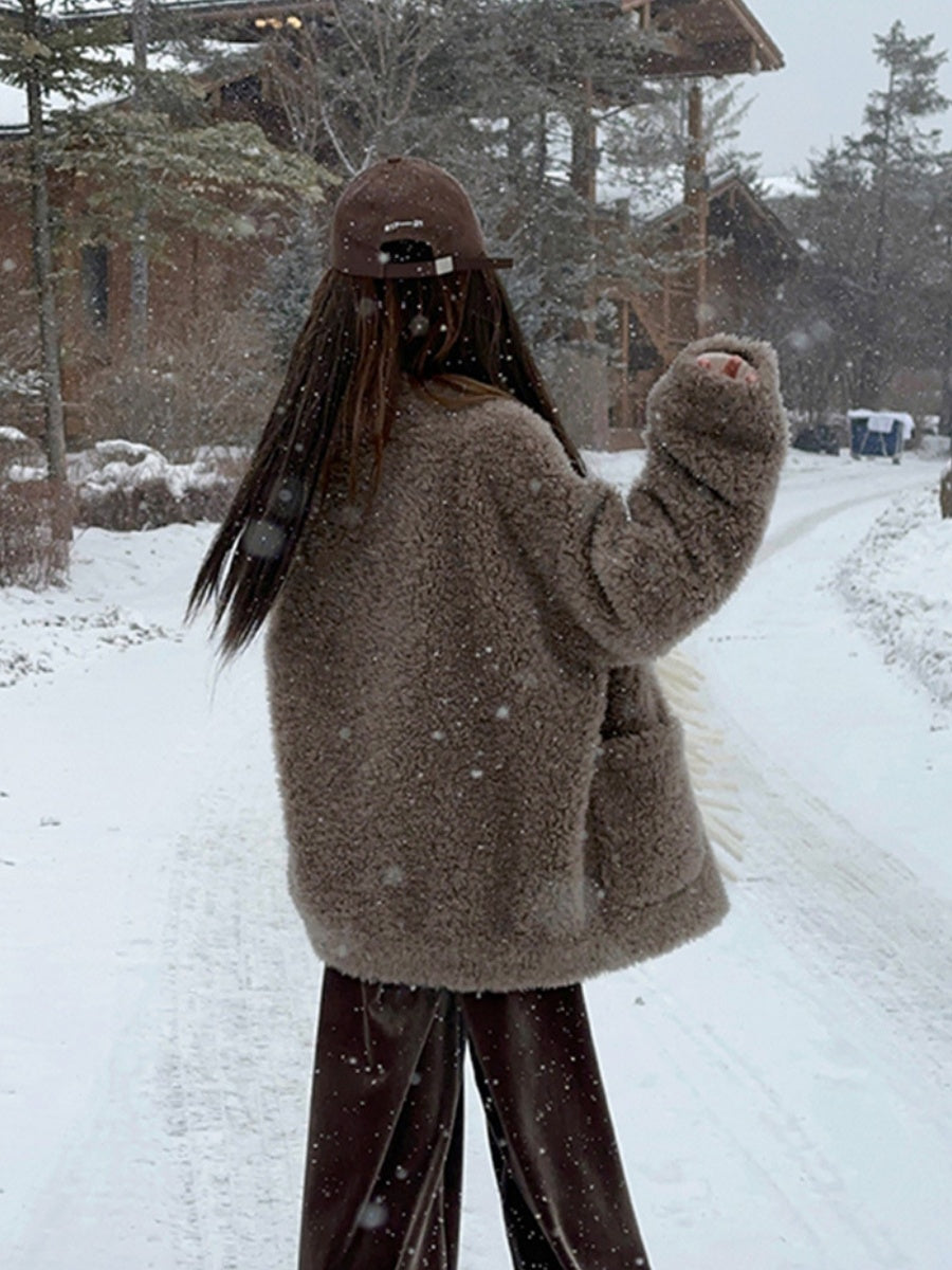 Lambswool V-neck Fur Fleece Lined Cotton-padded Jacket