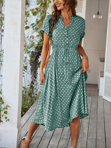 Polka Dots Polo Collar Waist Tie Short Sleeves Maxi Dresses