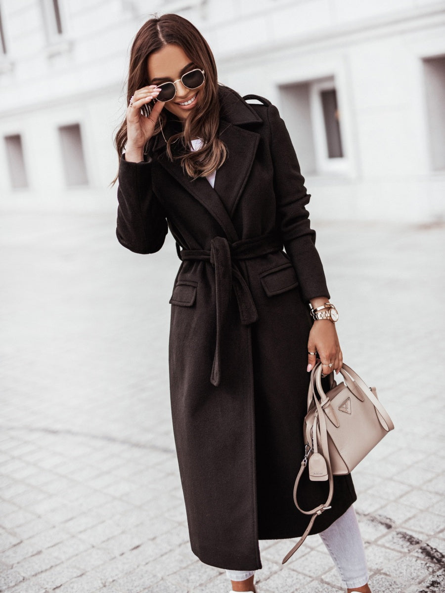 Simple Long-sleeved V-neck Tie Woolen Solid Color Coats
