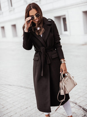 Simple Long-sleeved V-neck Tie Woolen Solid Color Coats