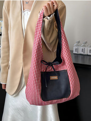 Denim Plaid Reversible Versatile Commuter Shoulder Bag