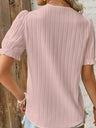 Openwork Lace Puff Sleeve V-neck Vertical Stripes T-shirts
