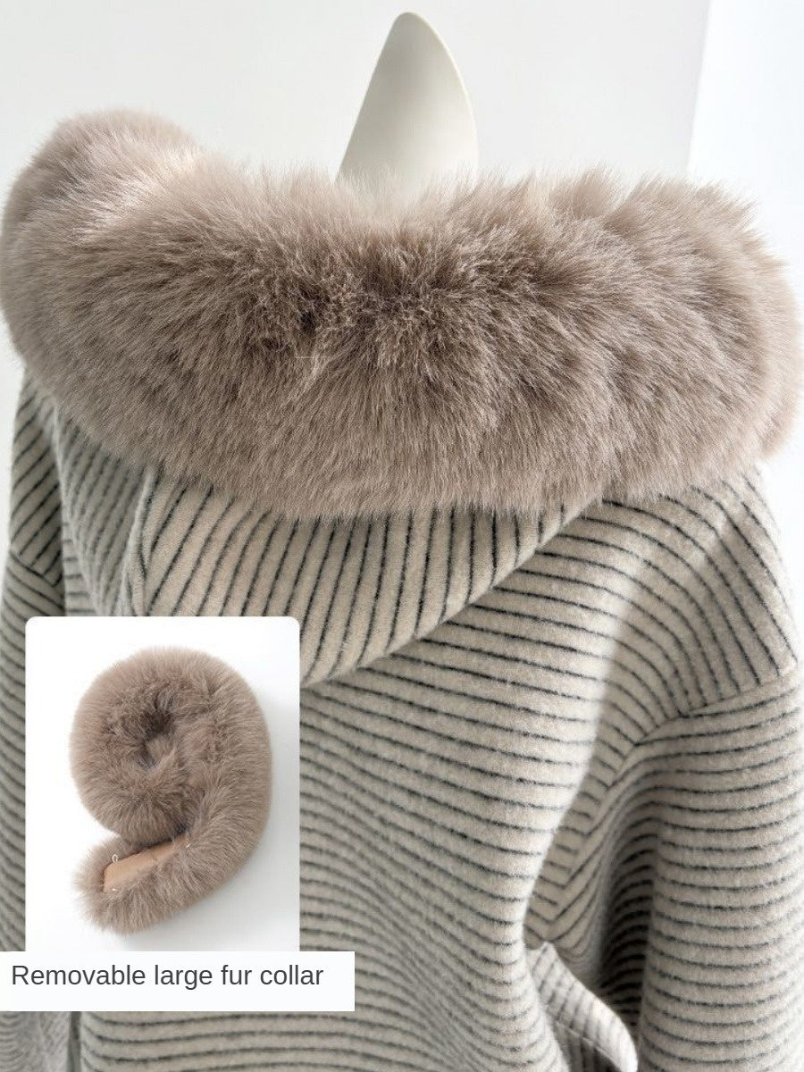 Hooded Zipper Stripes Detachable Large Fur Collar Retro Casual Cardigan