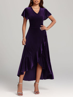 Large Velvet V-neck Flying Sleeves Irregular Hem Long Dress