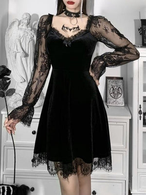 Halloween Lace Velvet Long Sleeve Midi Dresses