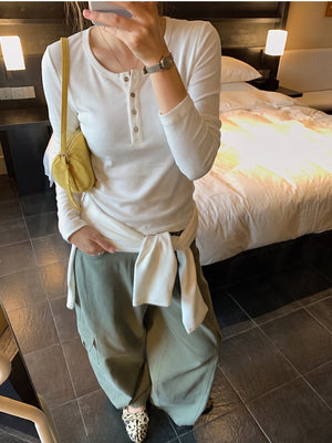 Korean Style Henley Collar Top With Straight Shoulders