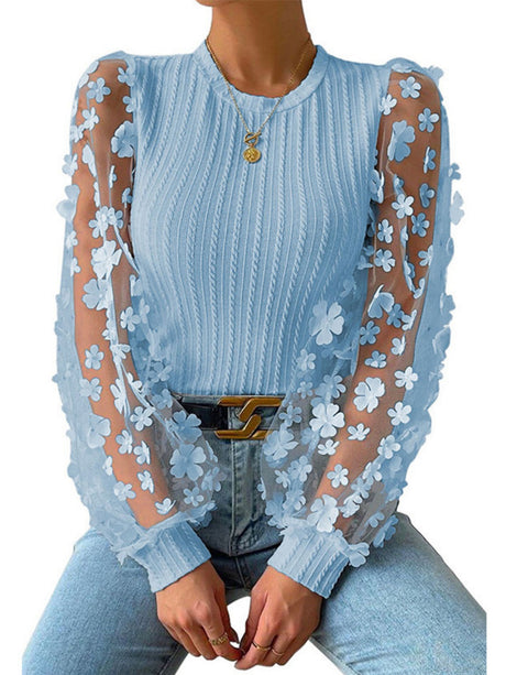 Flowers Mesh See-through Patchwork Lantern Sleeves Sweet T-shirts