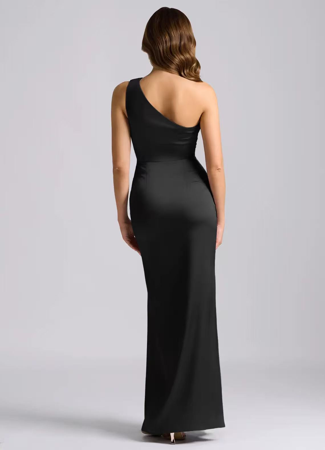 Asymmetrical Shoulder Pleated Satin Solid Color Maxi Dresses