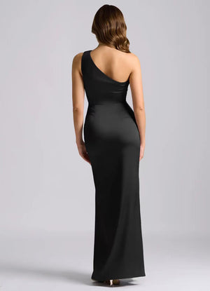 Asymmetrical Shoulder Pleated Satin Solid Color Maxi Dresses