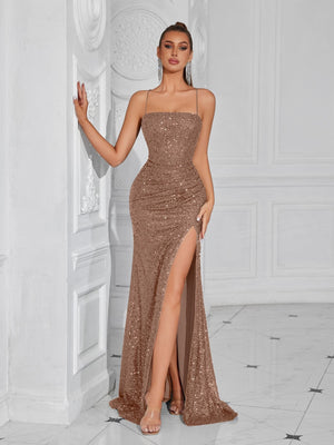 Fitted Strapless Serrated Long Dress With Sequins