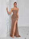 Fitted Strapless Serrated Long Dress With Sequins
