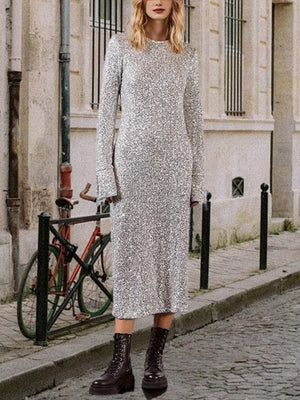 Sequins Long Sleeve Crew Neck Loose Maxi Dresses