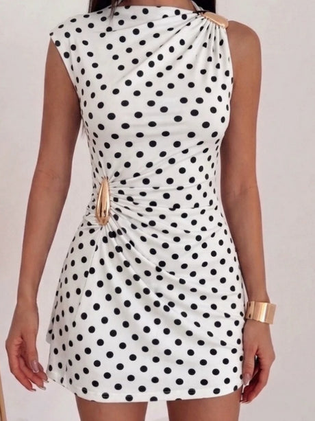 Metal Buckle Pleated Slim-fit Hip-hugging Mini&Short Dresses
