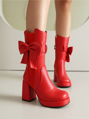 Platform Chunky Heel Bow Buckle Elastic Mid-calf Women's Boots