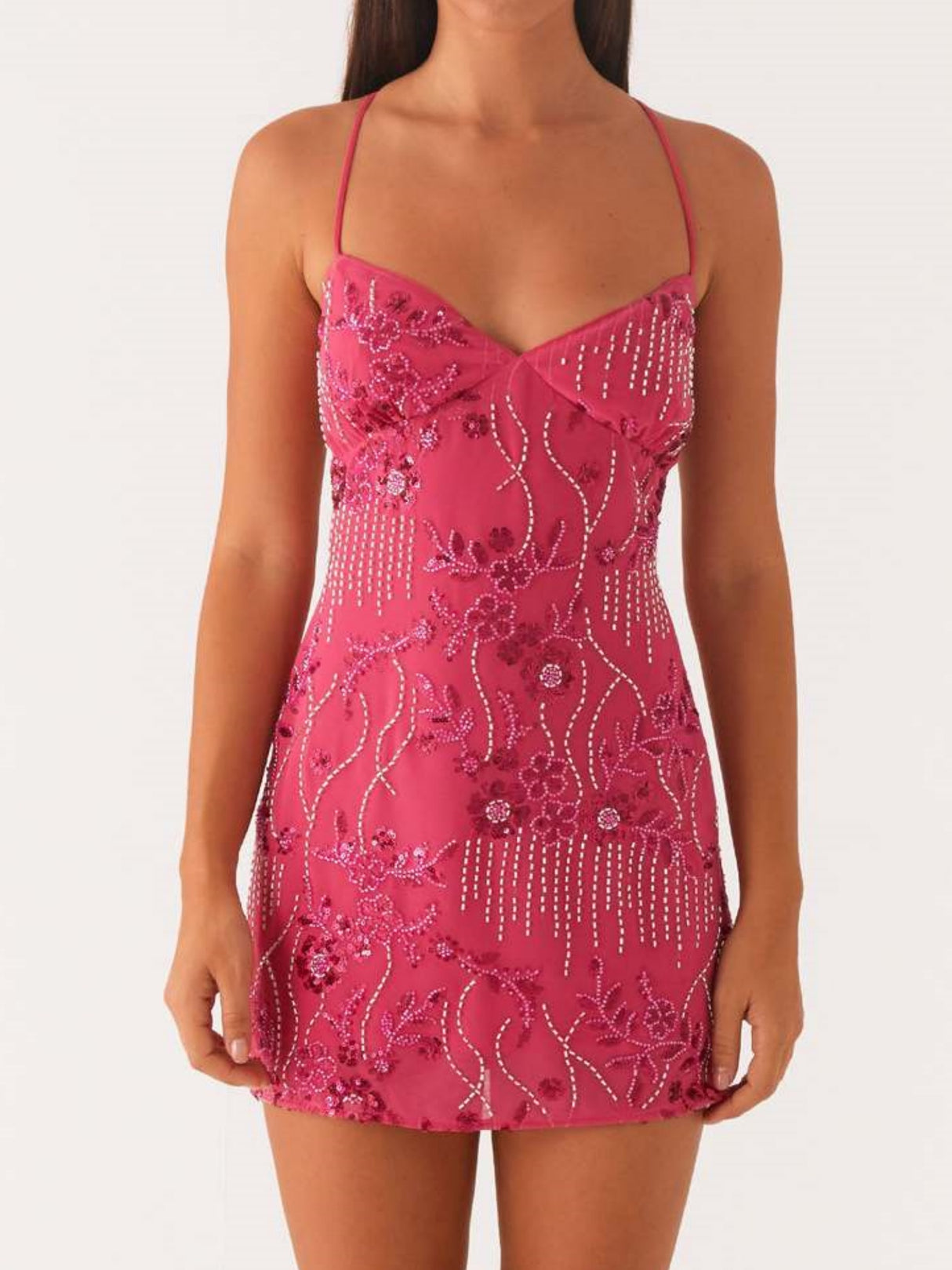 Sequin Beads Spaghetti Strap Backless Tie Sweet Mini&Short Dresses