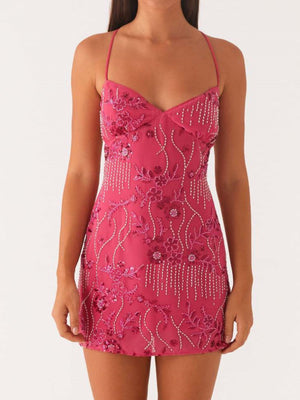 Sequin Beads Spaghetti Strap Backless Tie Sweet Mini&Short Dresses