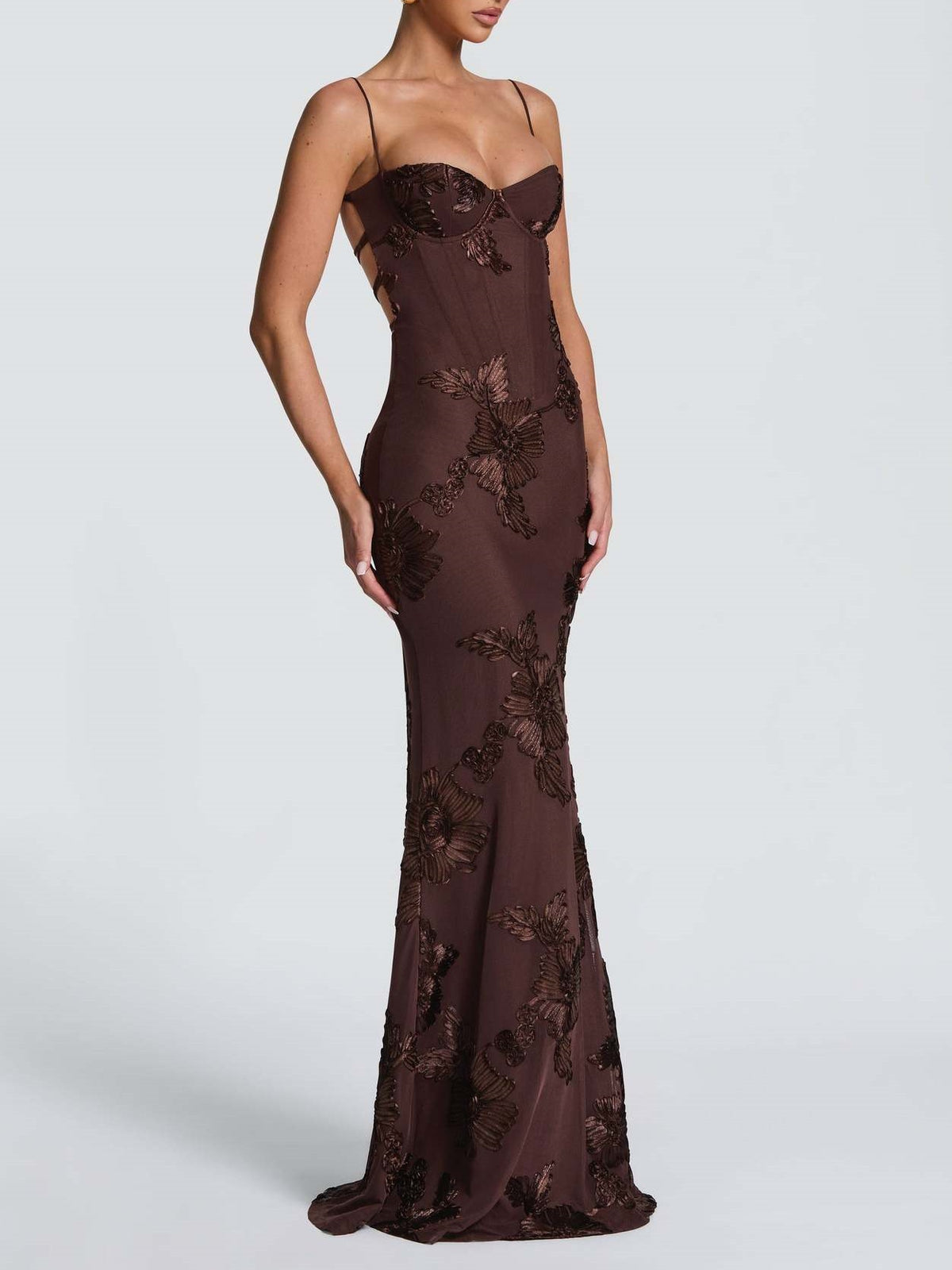 3D Embroidered Backless Cross-Strap Spaghetti Strap Long Dress