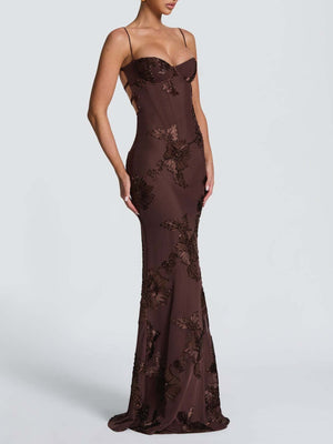3D Embroidered Backless Cross-Strap Spaghetti Strap Long Dress