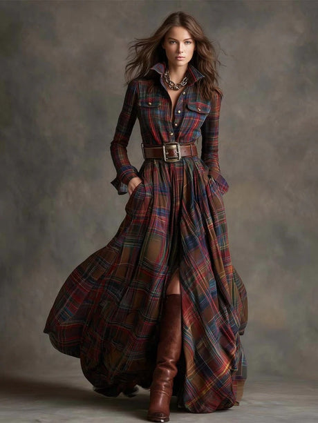 Retro Plaid, Slimming, Irregular Pattern Maxi Dresses