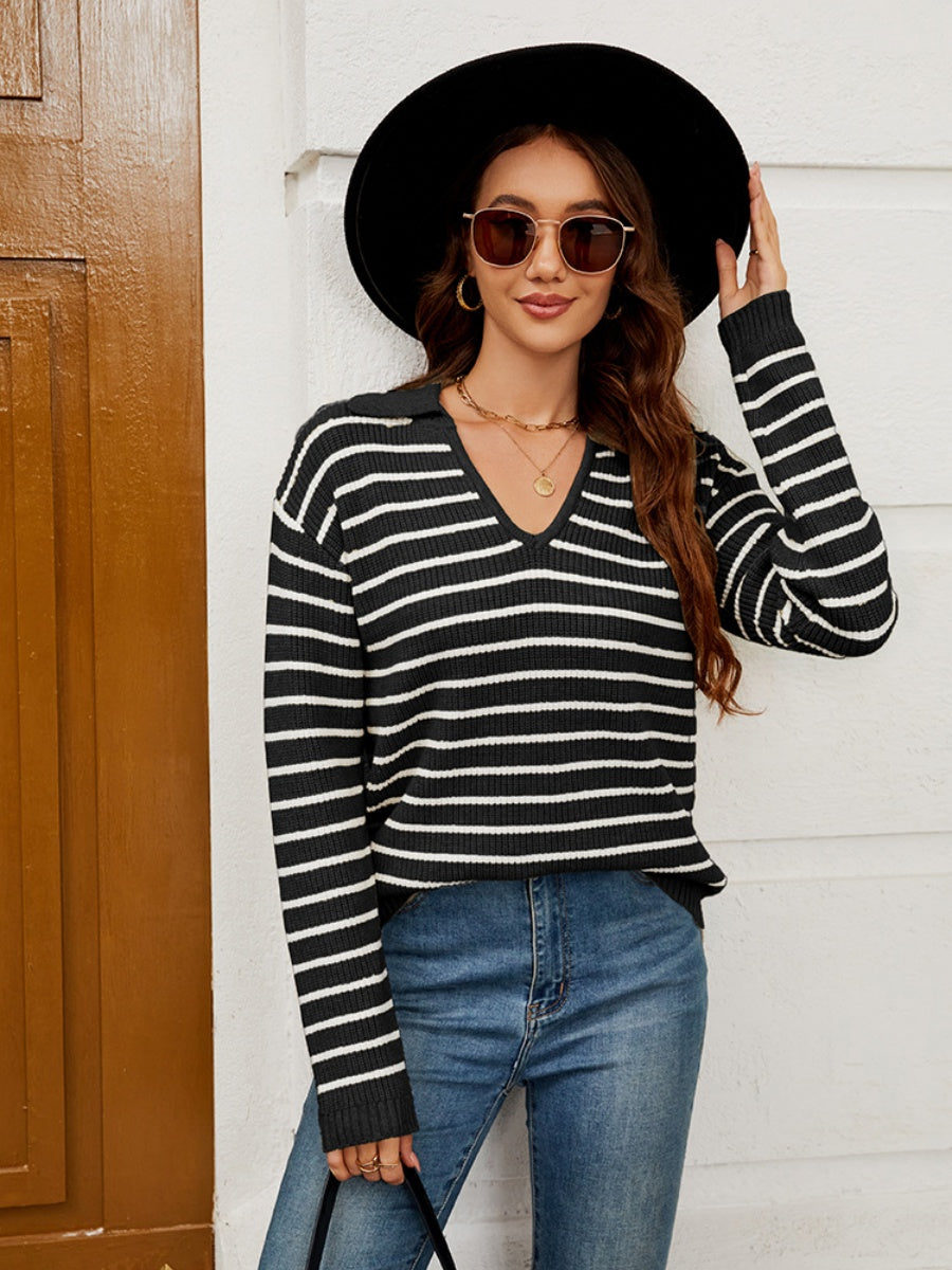 Liber Autumn Women's V-neck Contrasting colors Stripes Jacket Woolen