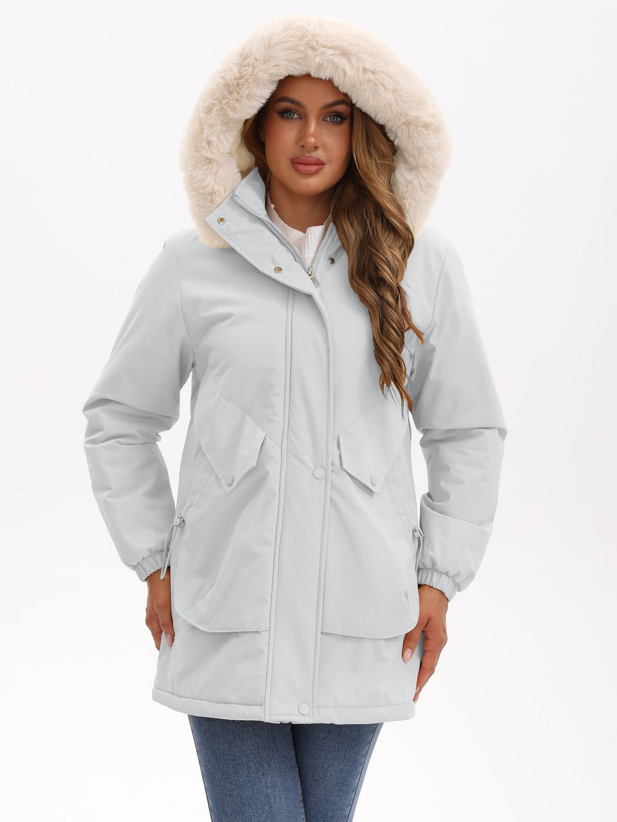 With Fur Collar Hooded For Warmth Drawstring Pocket Down Jacket