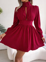 Stand Collar Hollow Waist Big Swing Mini&Short Dresses