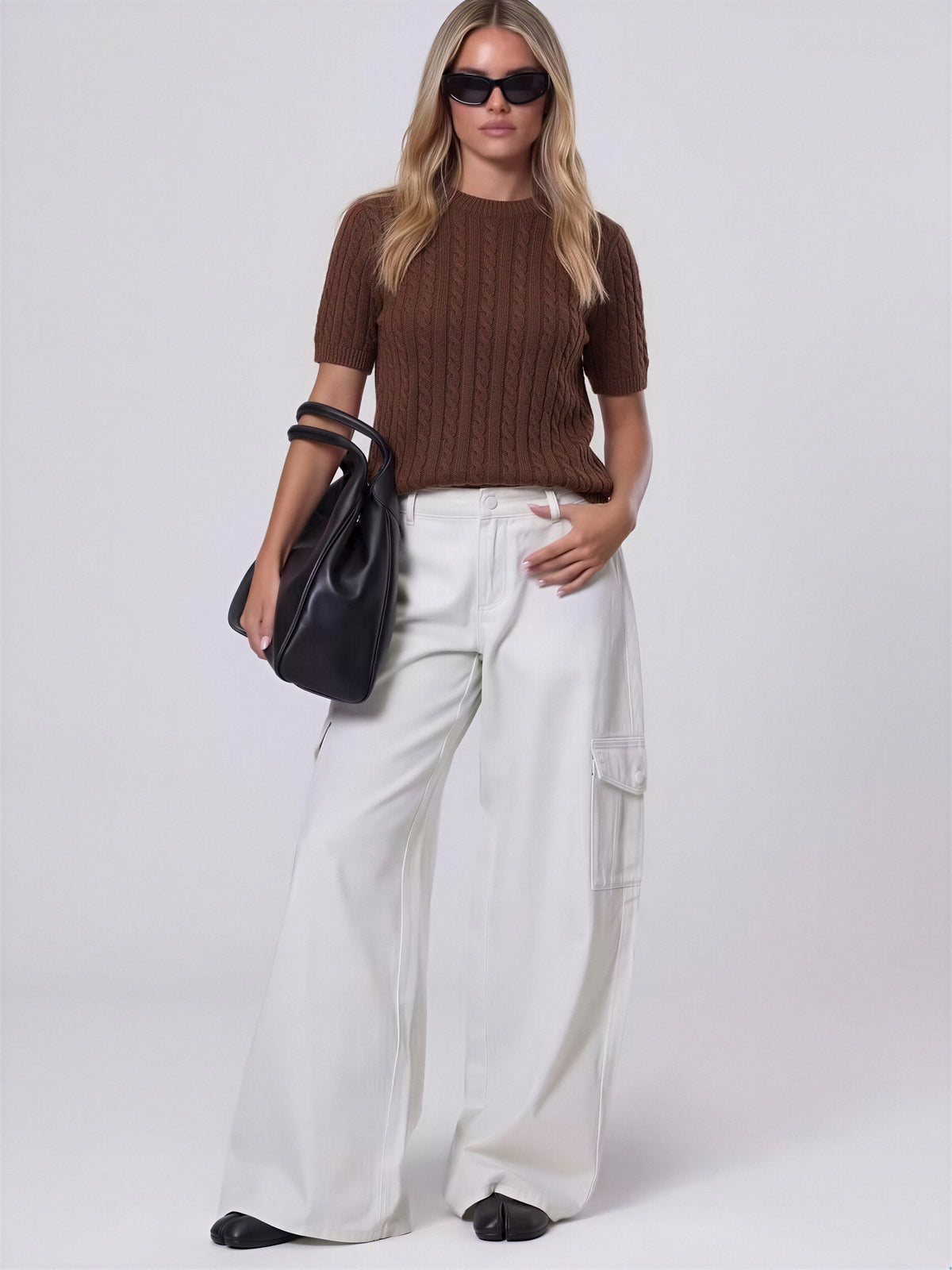100% Wool Crew Neck Cable Knit Short-Sleeve Pullover Sweater