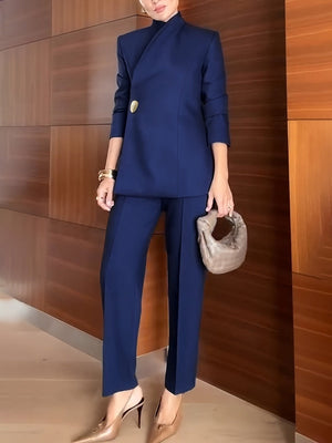 Blue Slanted Placket Design Blazers Straight-leg Pants 2-piece Sets