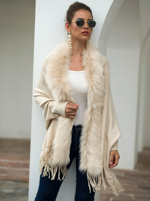 Apricot Tassel Fur Collar Solid Color Shawl Cardigans