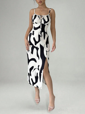 Zebra Print Sexy Vacation-style Slip Dress With Slit Midi Dress