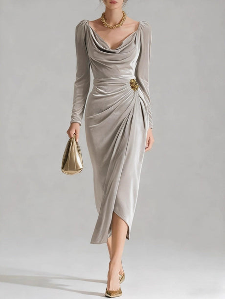 Velvet Cowl Neck Midi Party Dress