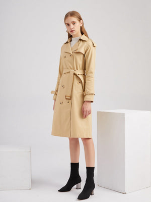 Waist-hugging Cotton Long Sleeve Lapel Three-dimensional Decoration Solid Color Trench Coats