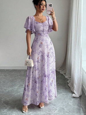 Floral Lotus Leaf Sleeves Sweetheart Collar Vacation And Leisure Maxi Dresses