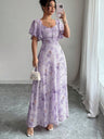 Floral Lotus Leaf Sleeves Sweetheart Collar Vacation And Leisure Maxi Dresses
