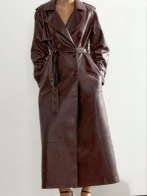 Claret Waist Lace Up Long Leather Jacket