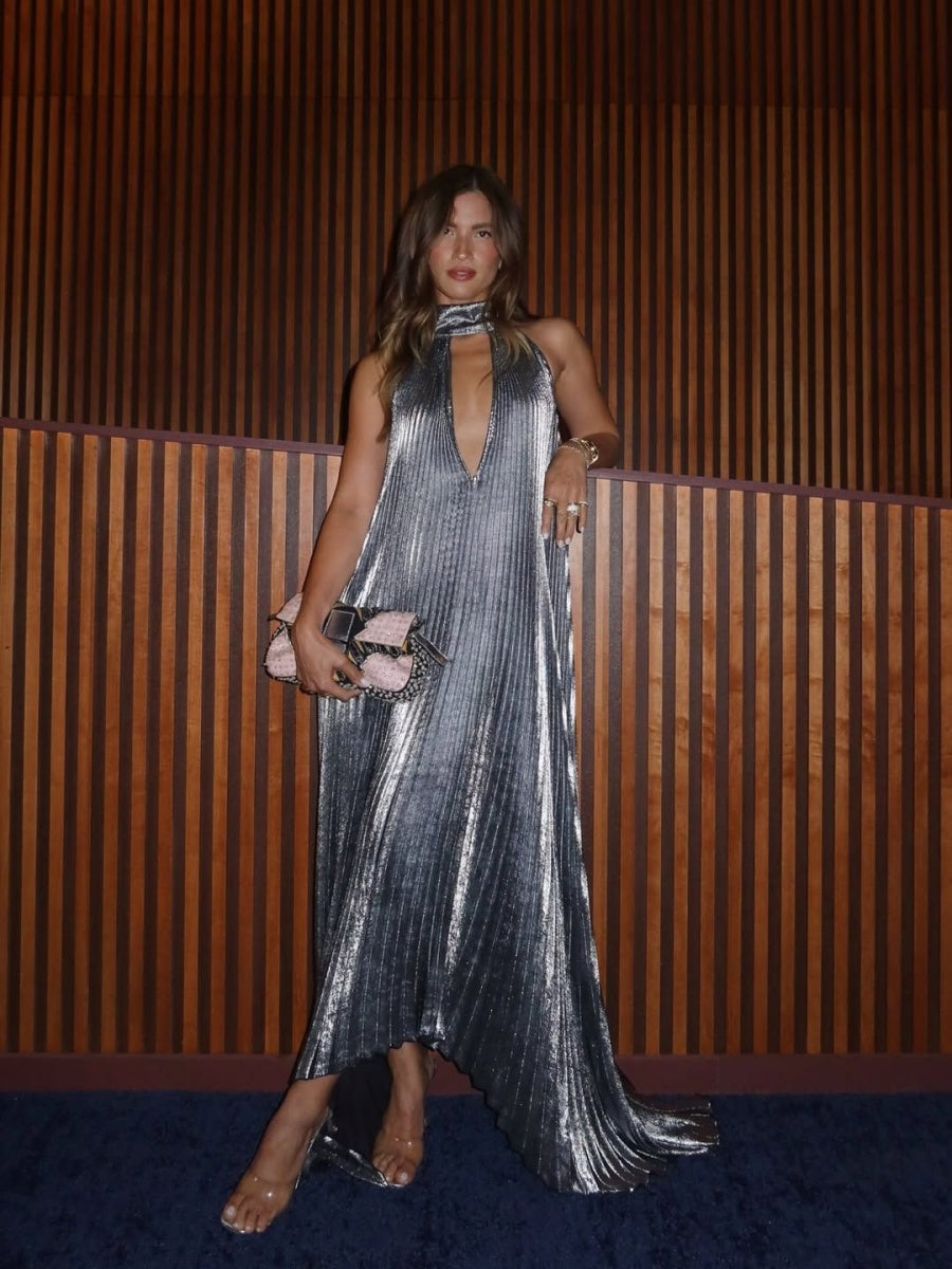 Crimp Metallic Feeling Ribbon Reunion Maxi Dresses