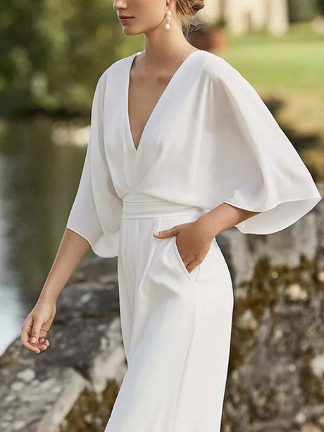 Asymmetrical Placket, Mid-waist, Short-sleeved, V-neck, Elegant Work Jumpsuit