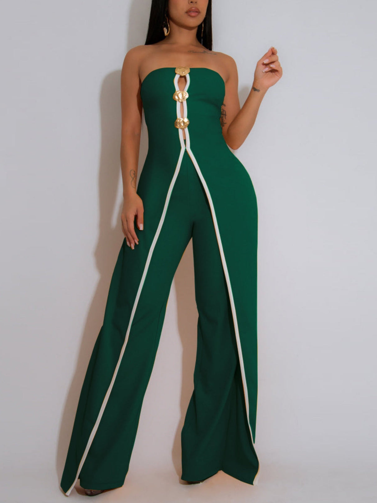 Strapless Faux Two-Piece Sleeveless Metal Buckle Jumpsuits