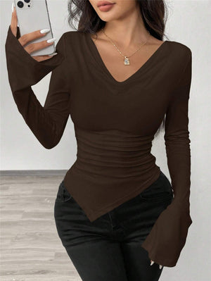 V-neck, Off-shoulder, Two-way Design, Slim Fit, Pleated, Irregular Long-sleeved T-shirt
