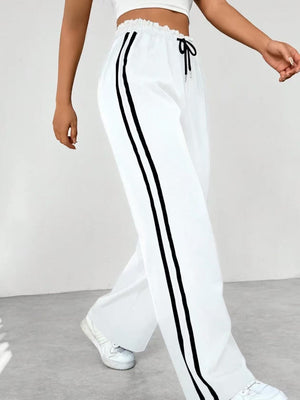 Drawstring High-waisted Wide-leg Pants Loose-fit Drape Sports Pants