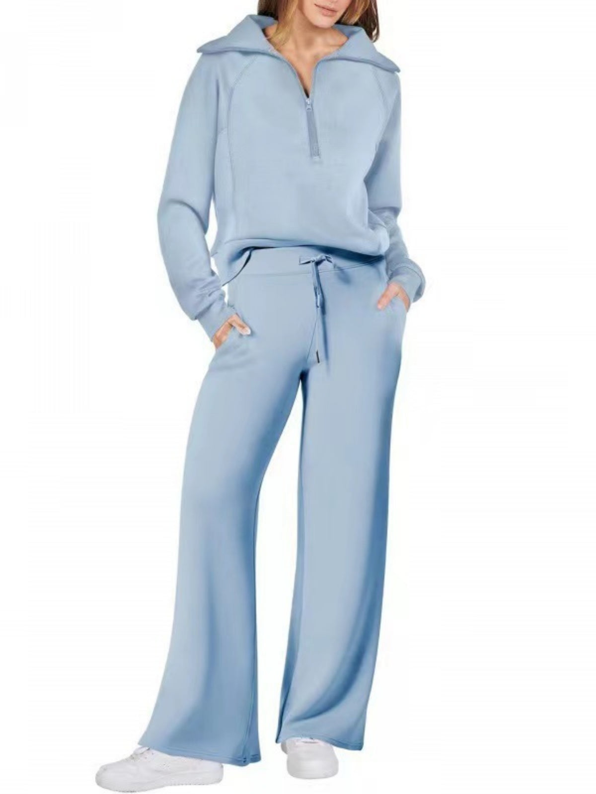 Women's Casual Sportswear Set: Zippered Long-Sleeved Sweatshirt And Wide-Leg Pants Two-Piece Set