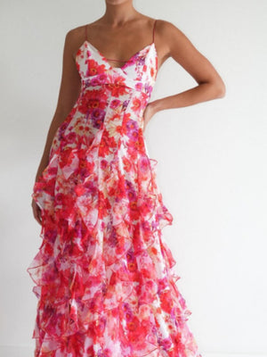 Floral Print Halter Dress With Ruffled Trim
