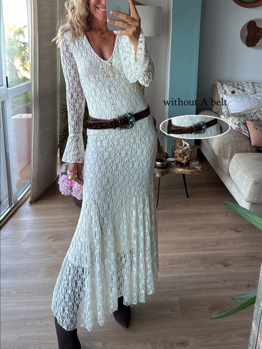 Lace V-neck Long Sleeve Maxi Dresses