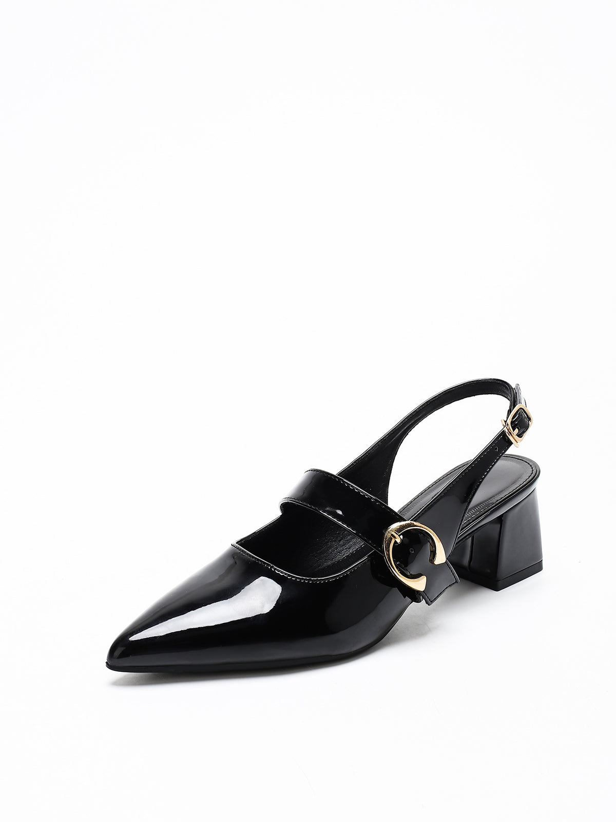 Metal Buckle Pointed Toe Open Back Chunky Heel Mary Jane Shoes