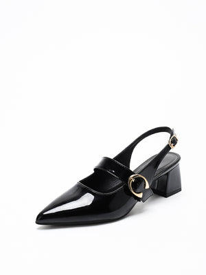 Metal Buckle Pointed Toe Open Back Chunky Heel Mary Jane Shoes