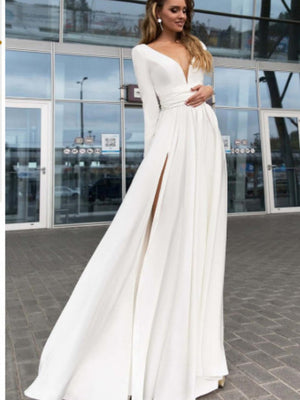 Sexy Deep V Long Sleeves Solid Color Maxi Dresses