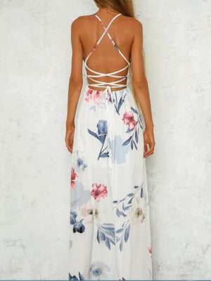 High-slit V-neck Floral Print Suspender Maxi Dress