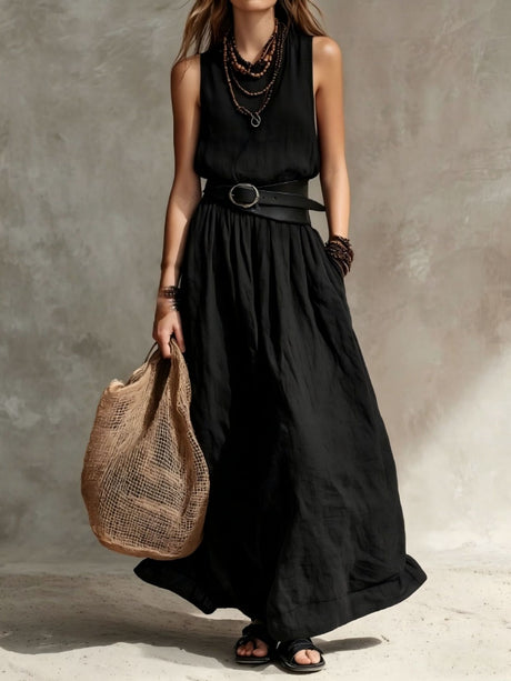 Slim-fitting, Long Sleeveless Dress With A Lapel Collar