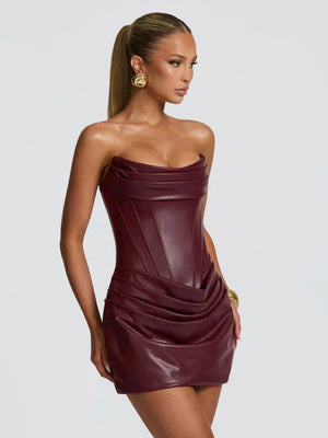 PU Pleated Fishbone Strapless A-line Bustier Mini&Short Dresses