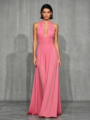 Off-shoulder And Backless Solid Color Halter Neck Long Dress